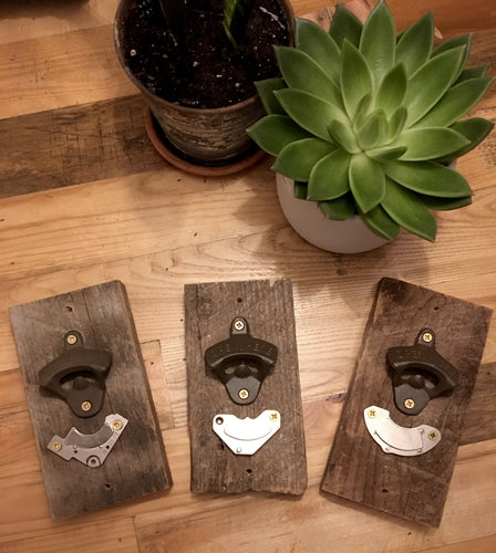 Magnetic Bottle Openers on barnwood [with magnets recycled from old computer hard drives]